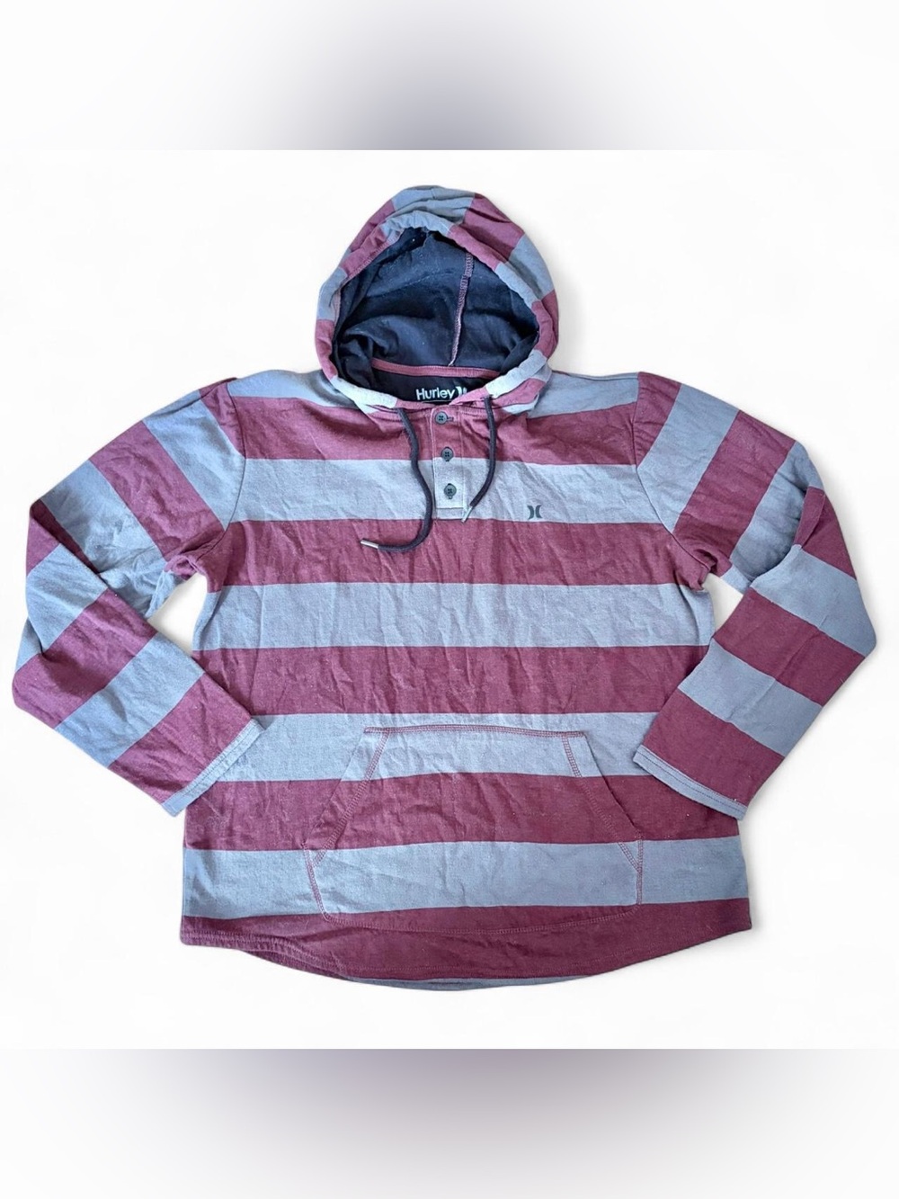 Hurley burgundy striped long sleeve button up hooded sweater sweatshirt Sz  L